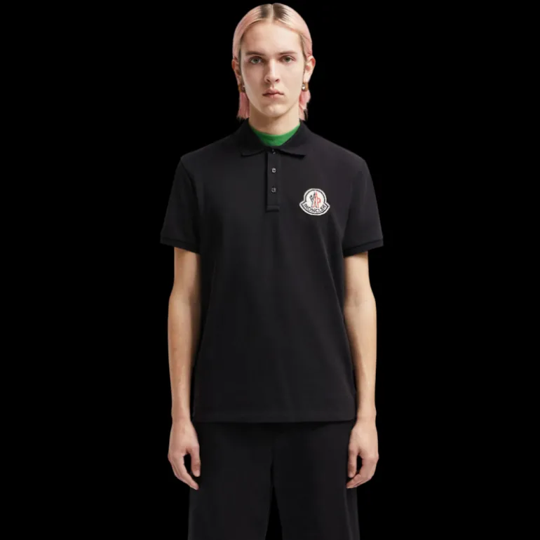 Polo MONCLER manche courte coton piqué noir logo pixel