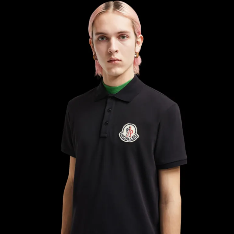 Polo MONCLER manche courte coton piqué noir logo pixel