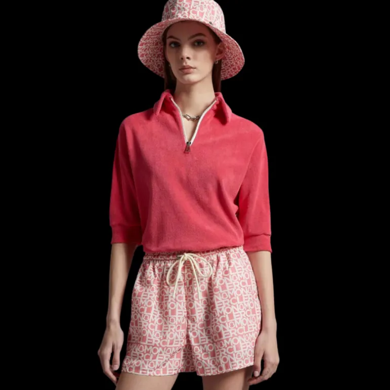 Polo MONCLER manche courte col zippé coton éponge rose