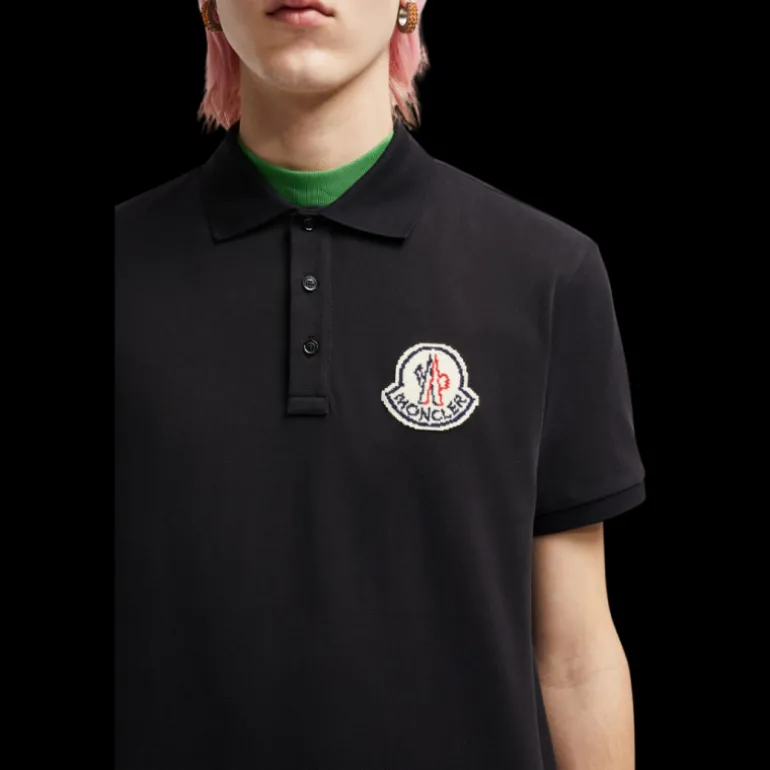 Polo MONCLER manche courte coton piqué noir logo pixel