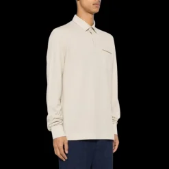 Polo ZEGNA coton beige poche poitrine ganse cuir marron