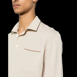 Polo ZEGNA coton beige poche poitrine ganse cuir marron