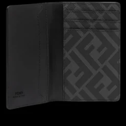 Porte-cartes compact à rabat FENDI cuir noir Tissu FF gris