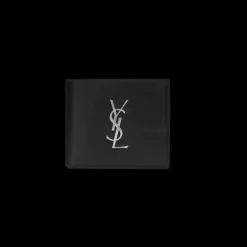 Portefeuille 2 volets SAINT LAURENT cuir veau noir logo Cassandre YSL argent