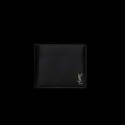 Portefeuille 2 volets SAINT LAURENT Cassandre cuir noir petit YSL argent