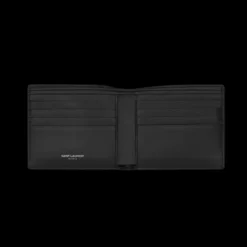 Portefeuille 2 volets SAINT LAURENT cuir veau noir logo Cassandre YSL argent