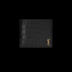 Portefeuille croco noir logo YSL or