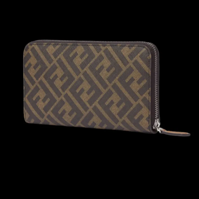 Portefeuille zippé FENDI Diagonal compagnon cuir tissu FF marron tabac