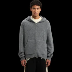 Pull à capuche PALM ANGELS laine cachemire gris logo incurvé bas dos blanc