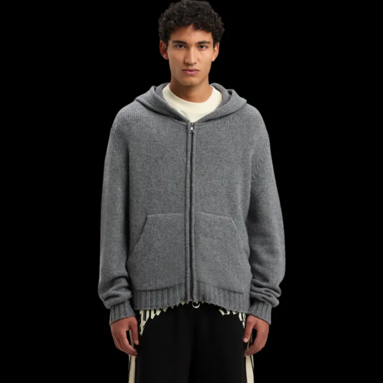 Pull à capuche PALM ANGELS laine cachemire gris logo incurvé bas dos blanc