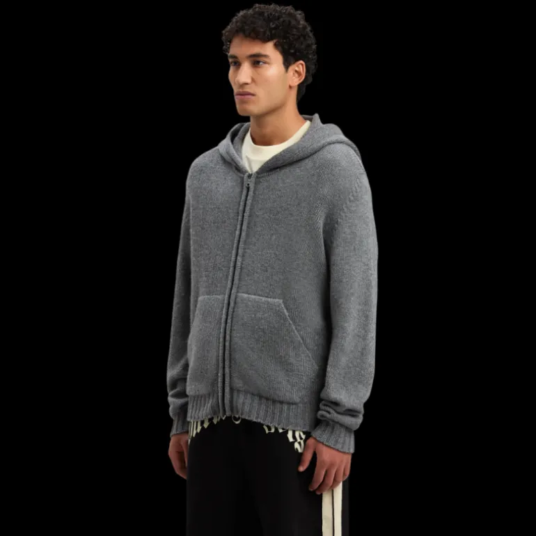 Pull à capuche PALM ANGELS laine cachemire gris logo incurvé bas dos blanc