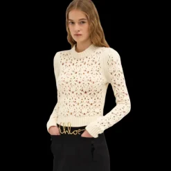 Pull ajusté CHLOE col montant maille ajourée laine écru