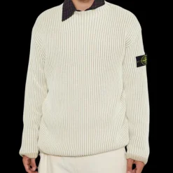 Pull ample col cheminée STONE ISLAND laine côtelée écru