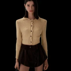 Pull Cardigan court MAGDA BUTRYM en tricot de coton à col rond beige