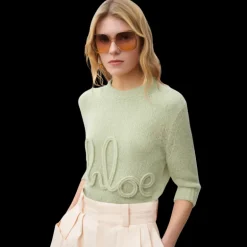 Pull CHLOE col rond manche 3/4 maille laine alpaga soie vert d'eau broderie logo
