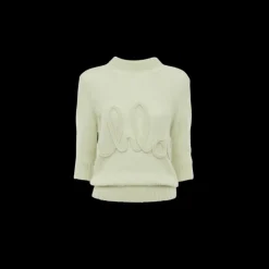 Pull CHLOE col rond manche 3/4 maille laine alpaga soie vert d'eau broderie logo
