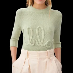 Pull CHLOE col rond manche 3/4 maille laine alpaga soie vert d'eau broderie logo