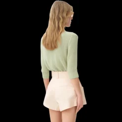 Pull CHLOE col rond manche 3/4 maille laine alpaga soie vert d'eau broderie logo