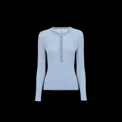 Pull CHLOE Henley col tunisien maille de laine extrafine bleu ciel