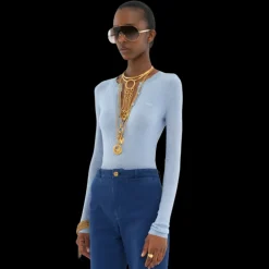 Pull CHLOE Henley col tunisien maille de laine extrafine bleu ciel