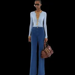 Pull CHLOE Henley col tunisien maille de laine extrafine bleu ciel