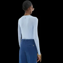 Pull CHLOE Henley col tunisien maille de laine extrafine bleu ciel