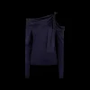 Pull col asymétrique ALBERTA FERRETTI cachemire laine soie bleu marine nœud