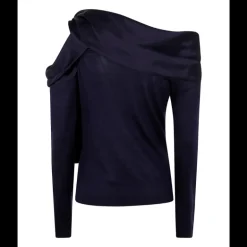 Pull col asymétrique ALBERTA FERRETTI cachemire laine soie bleu marine nœud