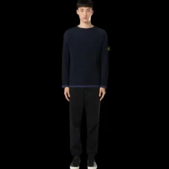 Pull col cheminée STONE ISLAND laine vierge côtelée bleu marine