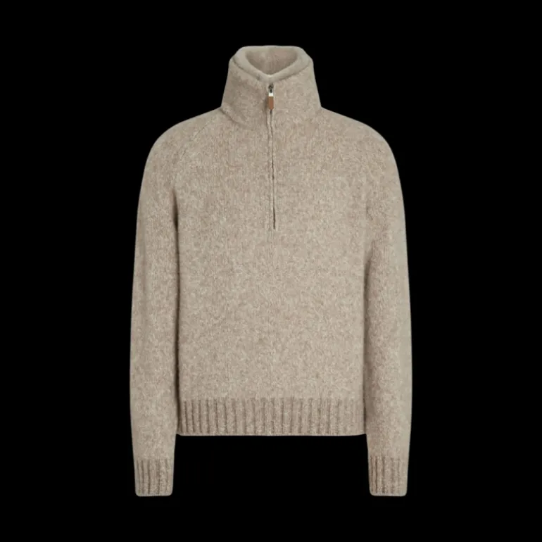 Pull col montant ZEGNA zippé cachemire beige chiné intérieur fourrure