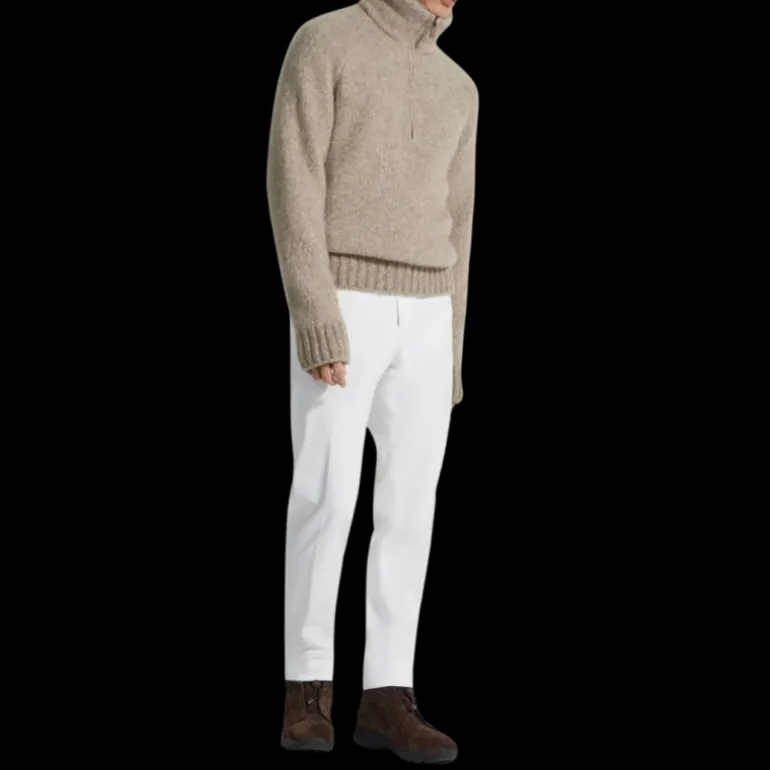 Pull col montant ZEGNA zippé cachemire beige chiné intérieur fourrure