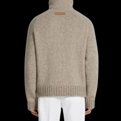 Pull col montant ZEGNA zippé cachemire beige chiné intérieur fourrure