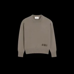 Pull col rond AMI Paris coton laine taupe broderie logo bas