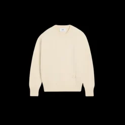 Pull col rond AMI Paris coton laine écru broderie logo bas