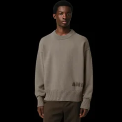 Pull col rond AMI Paris coton laine taupe broderie logo bas