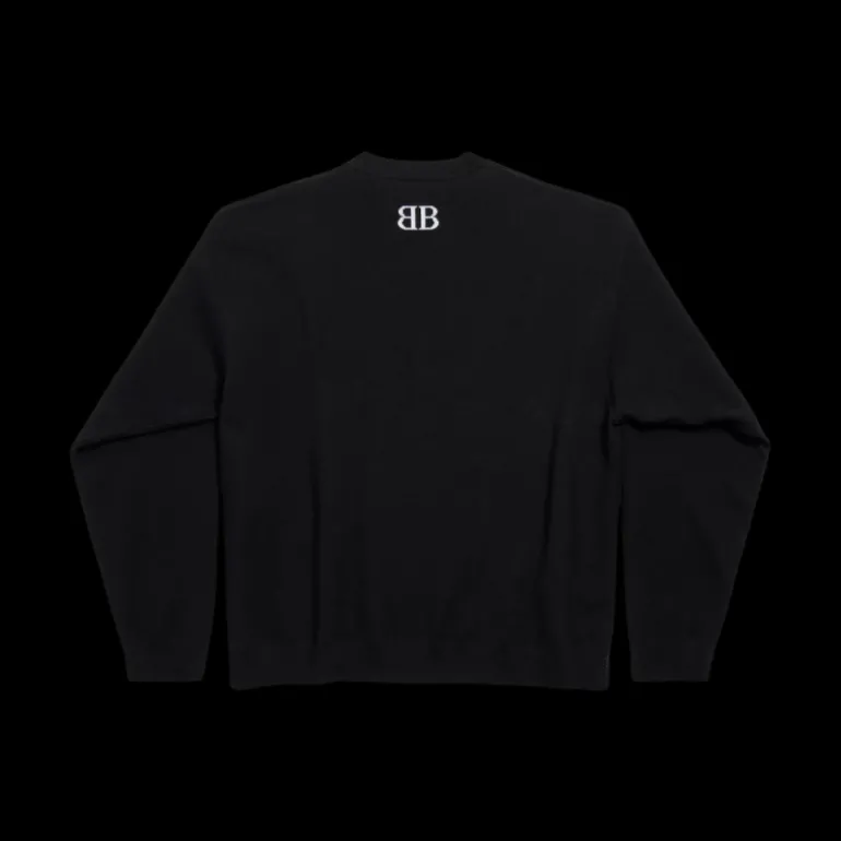Pull Col Rond BALENCIAGA maille laine noire logo BB blanc