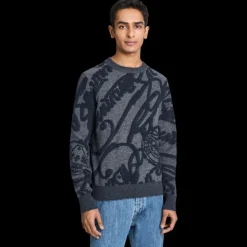 Pull col rond BERLUTI laine cachemire gris Jacquard Scritto Marbeuf bleu marine