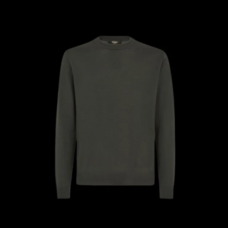 Pull col rond FENDI laine vert sapin FF relief poitrine