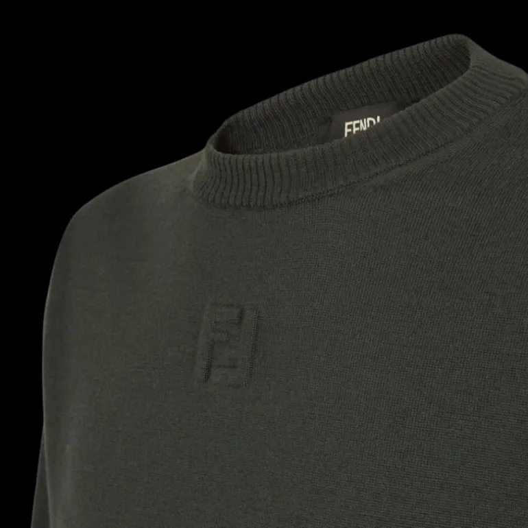 Pull col rond FENDI laine vert sapin FF relief poitrine