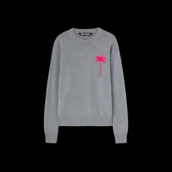 Pull col rond PALM ANGELS laine mérinos coton gris gros palmiers rose fluo dos