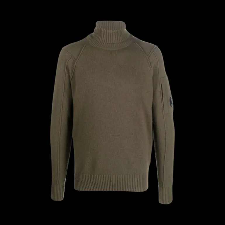 Pull col roulé CP COMPANY maille laine polyamide Kaki lunettes manche