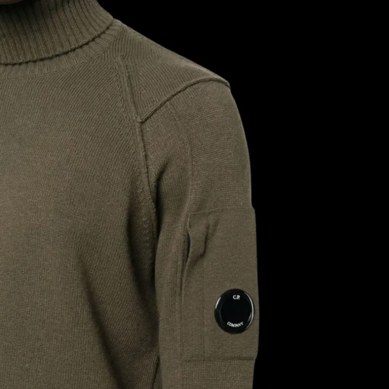 Pull col roulé CP COMPANY maille laine polyamide Kaki lunettes manche