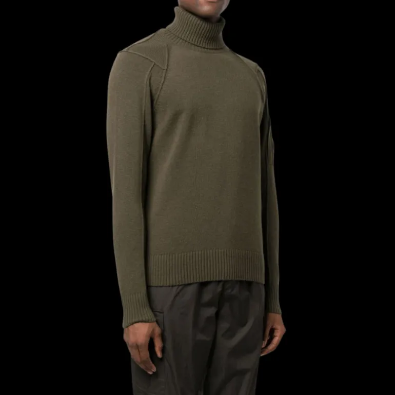 Pull col roulé CP COMPANY maille laine polyamide Kaki lunettes manche
