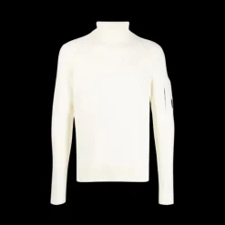Pull CP COMPANY col roulé maille laine polyamide écru lunettes manche