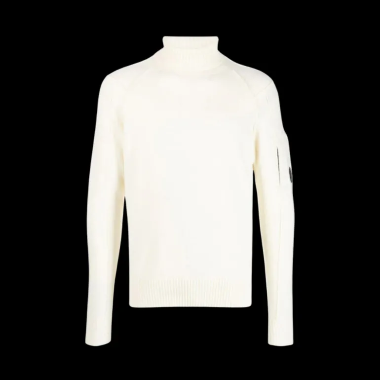 Pull CP COMPANY col roulé maille laine polyamide écru lunettes manche