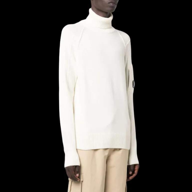 Pull CP COMPANY col roulé maille laine polyamide écru lunettes manche