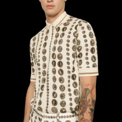 Pull DOLCE & GABBANA manche courte col polo soie écru pièces de monnaie