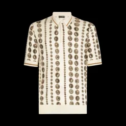 Pull DOLCE & GABBANA manche courte col polo soie écru pièces de monnaie