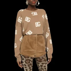 Pull DOLCE & GABBANA ras du cou laine vierge camel logo intégral DG blanc