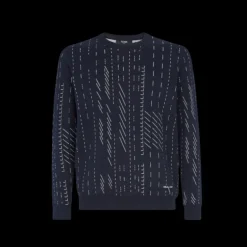 Pull FENDI col rond coton cachemire bleu marine tiret blanc